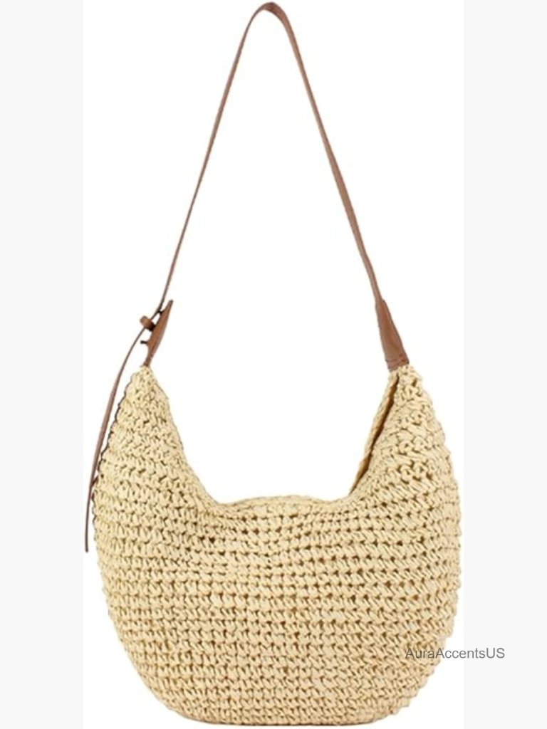 Woven Straw Crescent Crossbody Bag Large Capacity Slouchy Boho Tote